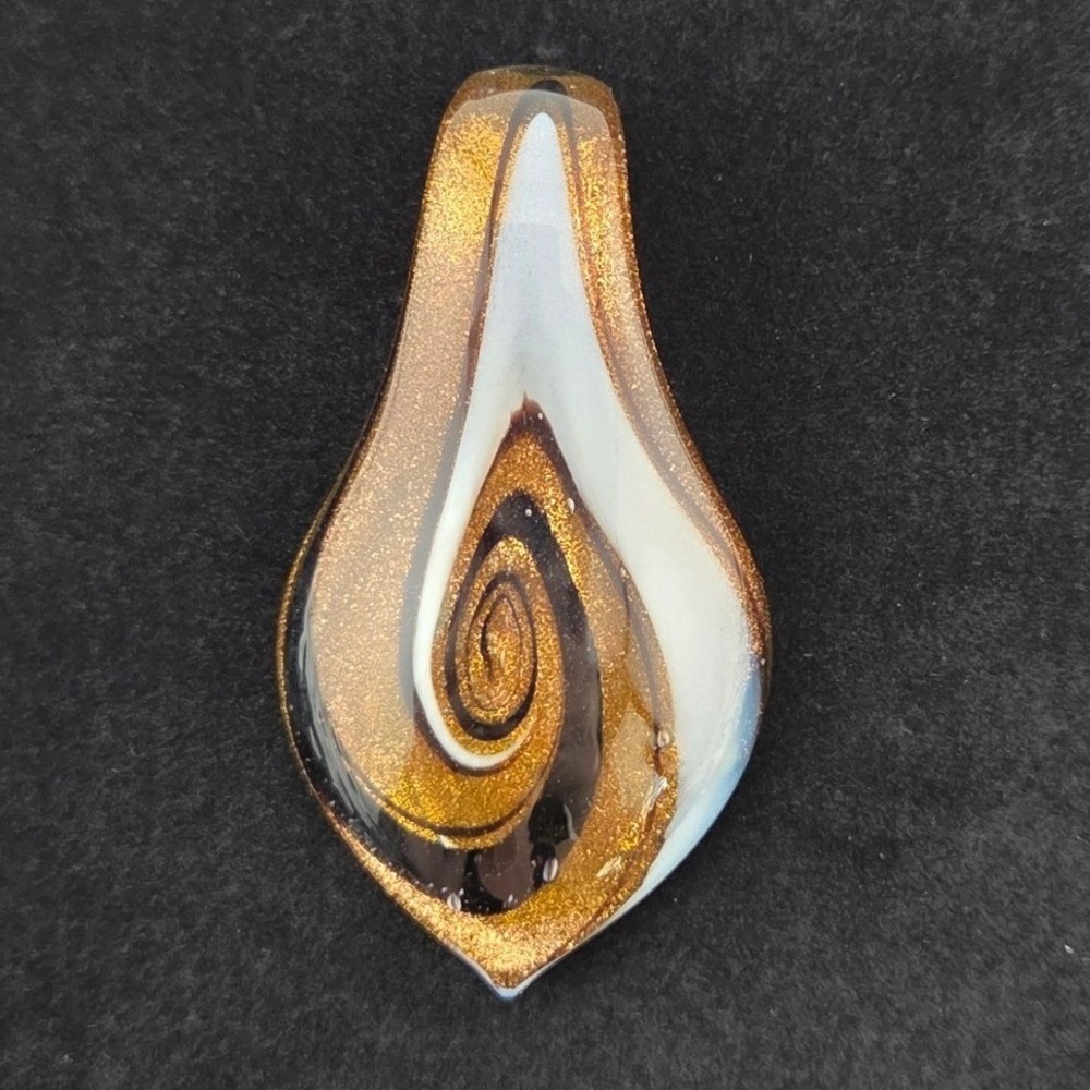 Hand Blown Glass Pendant Gold Aventurine Swirl Teardrop Amber Cream‎ Brown 2.44"